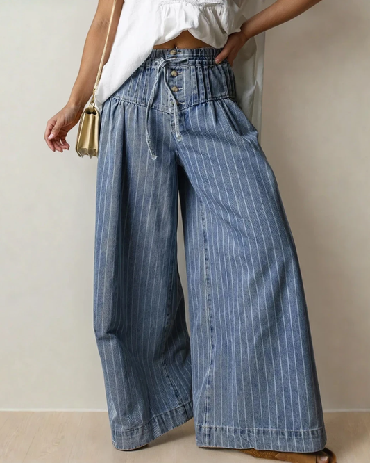PREORDER - Cora Stripe Button Pleated Drawstring Waist Casual Wide Leg Jeans