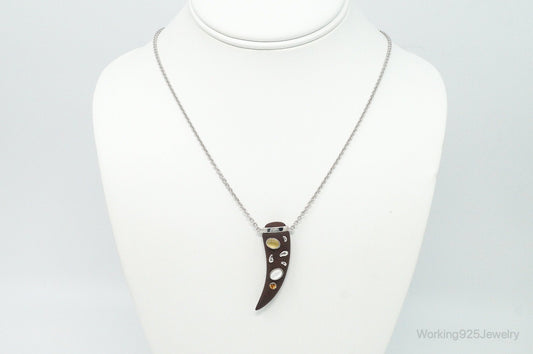 Vintage Large Wood Claw Tigers Eye Citrine Sterling Silver Necklace