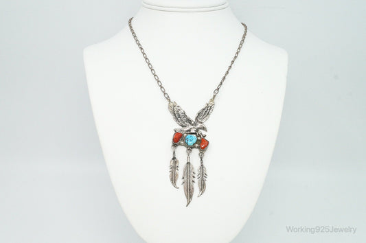VTG Native American Richard Begay Turquoise Coral Sterling Silver Necklace