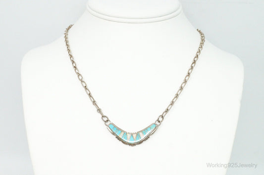 Vintage Native American Turquoise Opal Inlay Sterling Silver Necklace