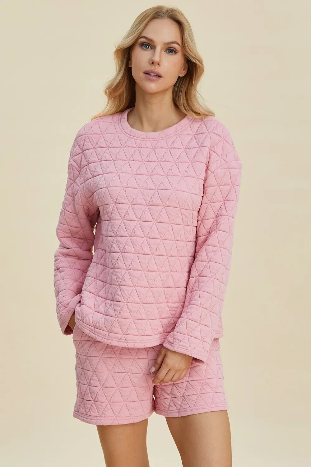 Double Take Textured Long Sleeve Top & Shorts Set