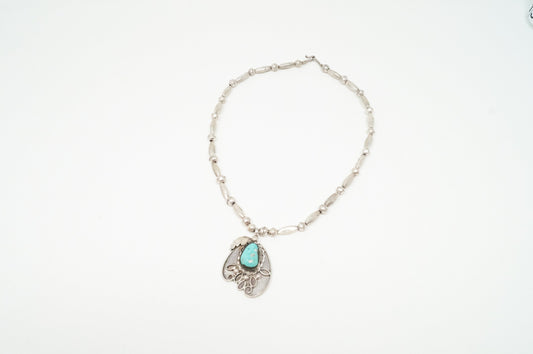 Vintage Native American Signed MV Turquoise Rope Sterling Silver Necklace