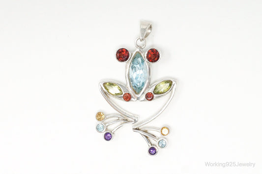 Vintage Multi Gem Tree Frog Sterling Silver Necklace Pendant