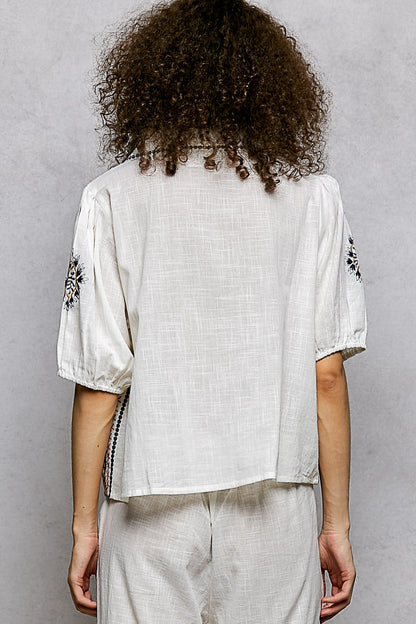 POL Button Down Embroidered Floral Short Sleeve Shirt