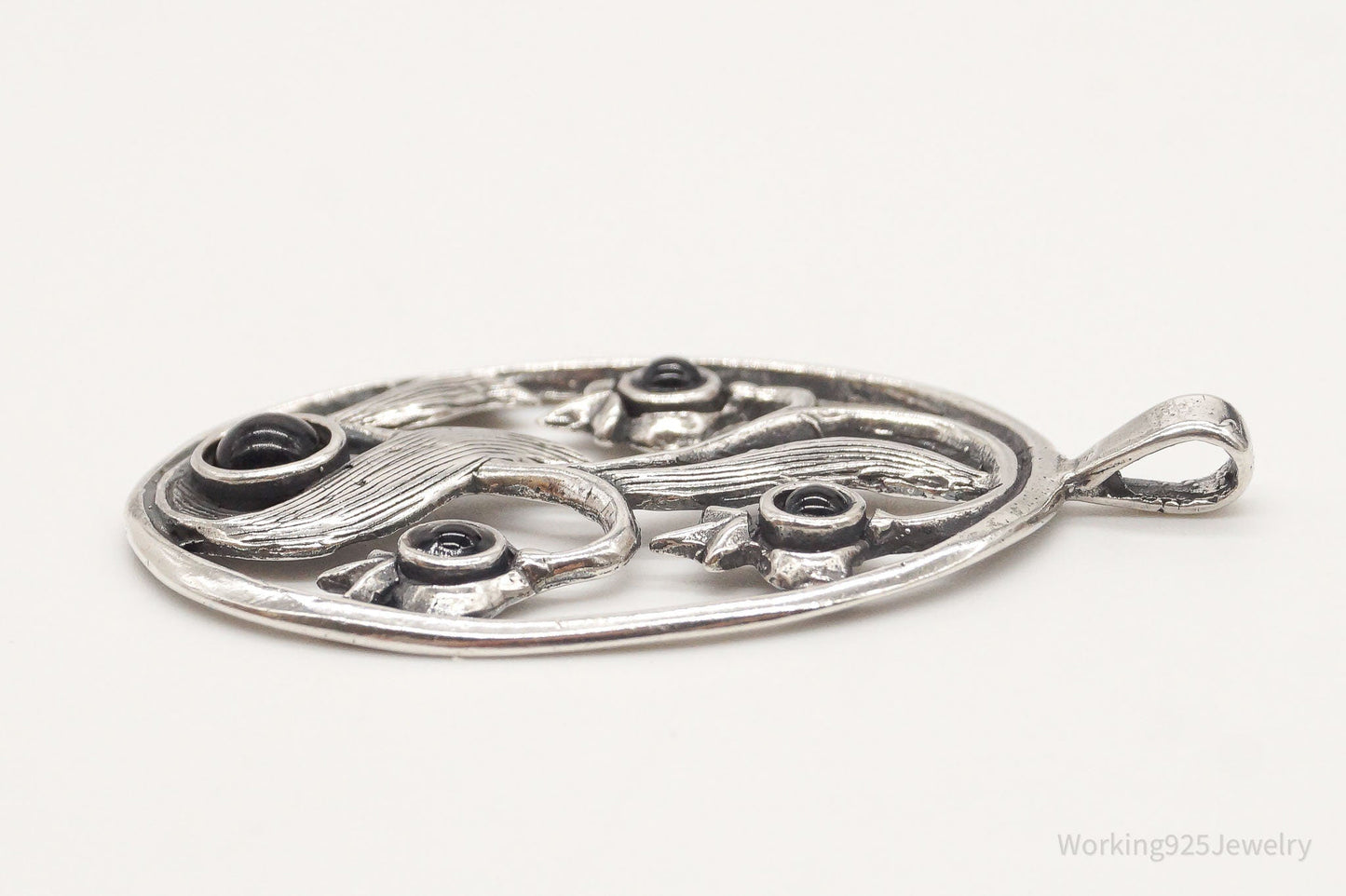 Large Vintage Black Onyx Floral Sterling Silver Pendant
