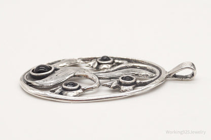Large Vintage Black Onyx Floral Sterling Silver Pendant