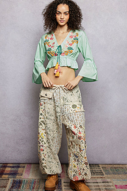 POL Floral Embroidered Cropped Blouse
