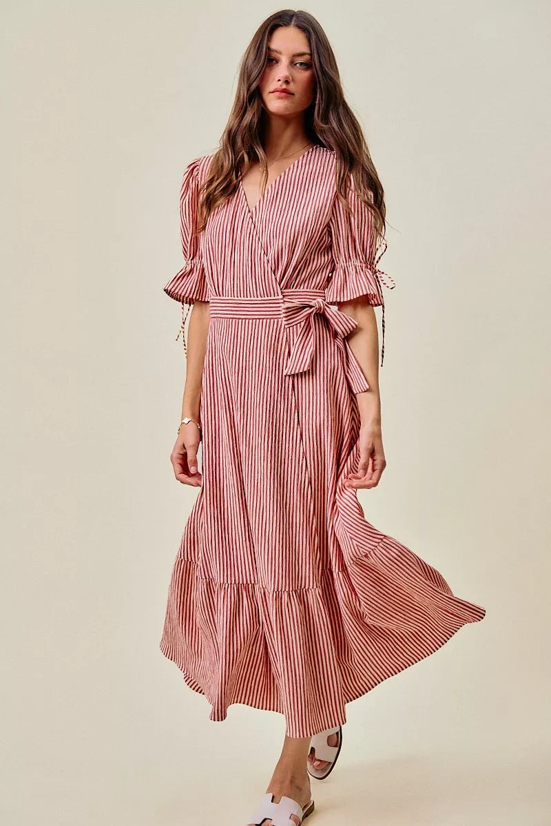 SO ME Stripe Textured Short Sleeves Lined Wrap Midi Dress