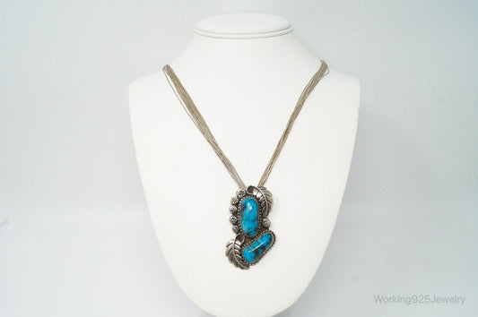 VTG Handmade Native American JH Large Turquoise Sterling Silver Necklace