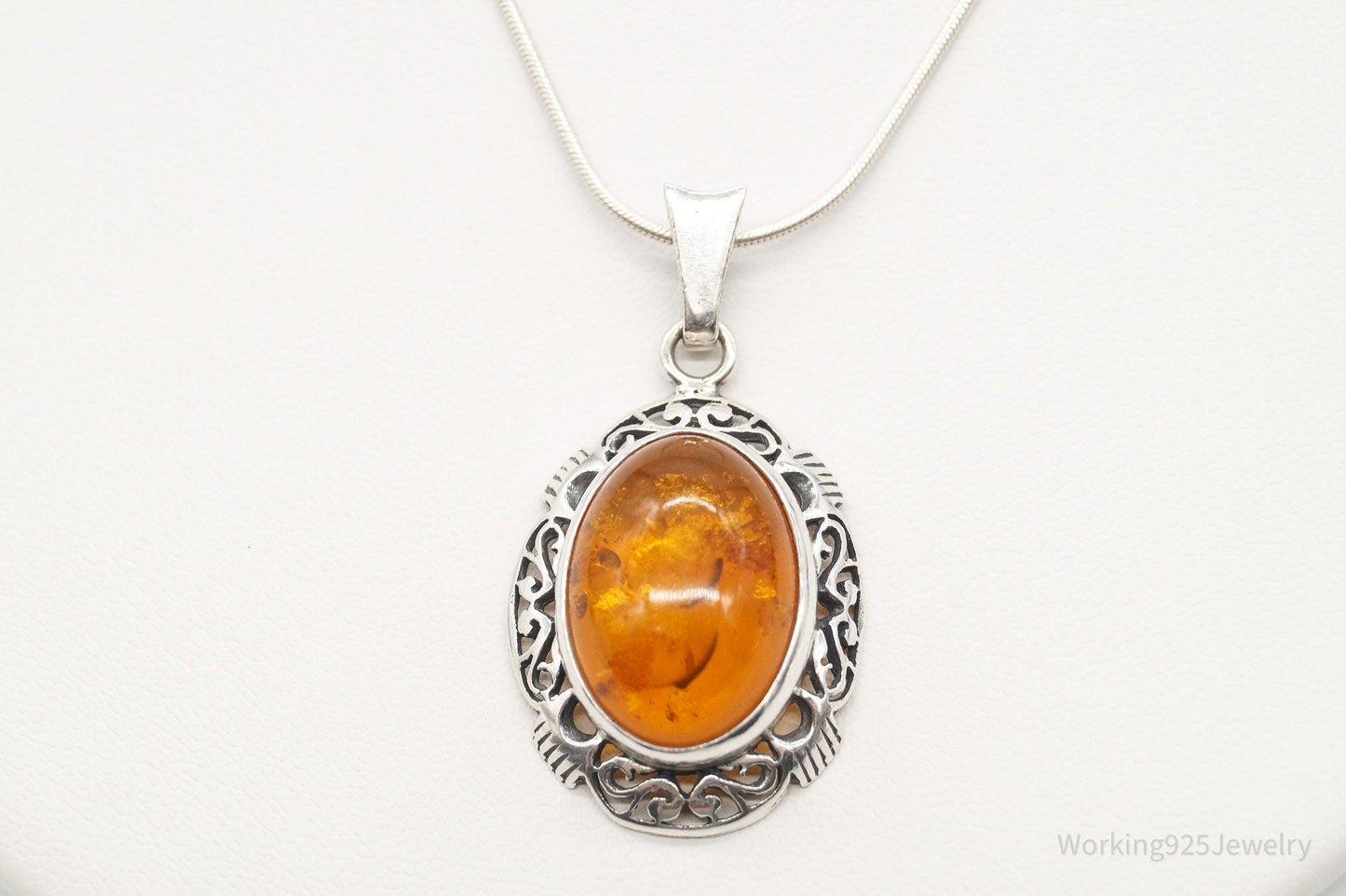 Vintage Large Amber Sterling Silver Adjustable Chain Necklace