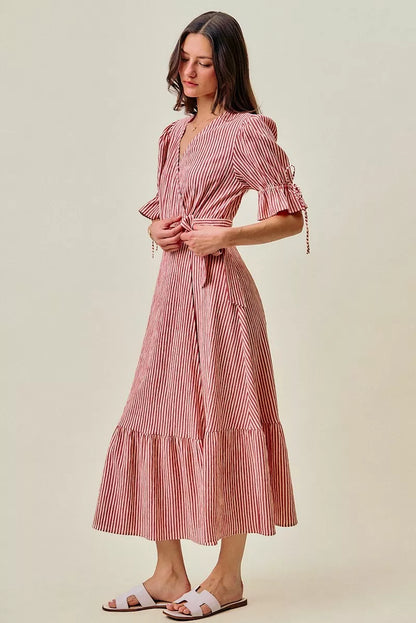 SO ME Stripe Textured Short Sleeves Lined Wrap Midi Dress