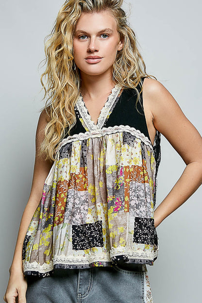 POL Floral V-Neck Sheer Tank with Lace Trim