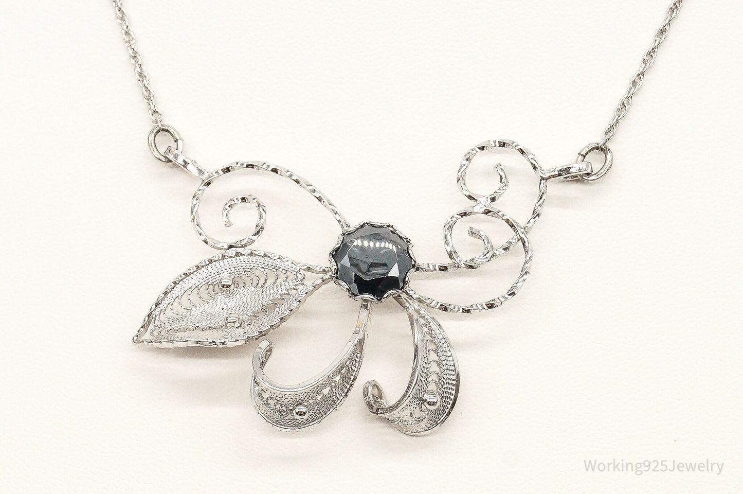 Antique Hematite Sterling Silver Filigree Necklace