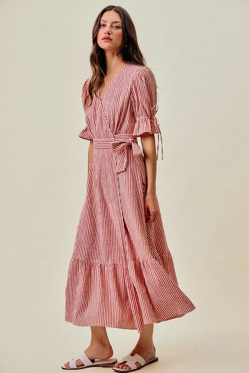 SO ME Stripe Textured Short Sleeves Lined Wrap Midi Dress