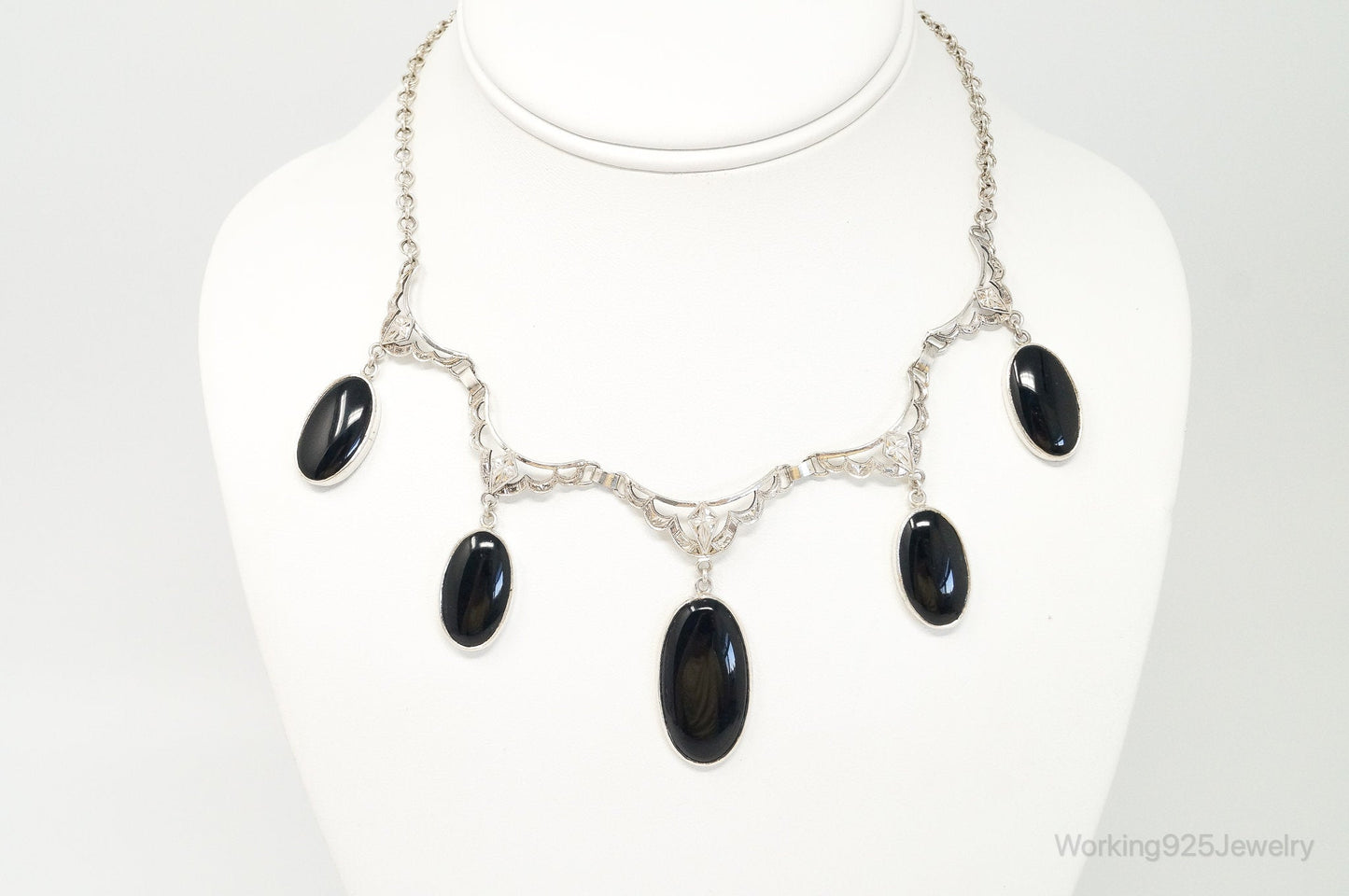 Antique Black Onyx Art Deco Silver Bib Necklace