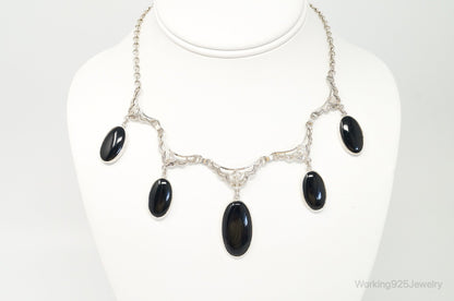 Antique Black Onyx Art Deco Silver Bib Necklace