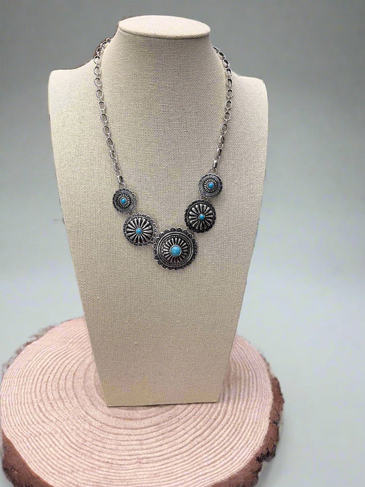 5-Concho Western Necklace with Faux Turquoise — 18 Inch with 3-Inch Extender