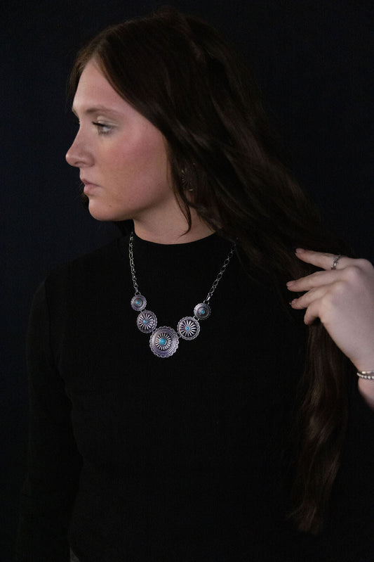 5-Concho Western Necklace with Faux Turquoise — 18 Inch with 3-Inch Extender