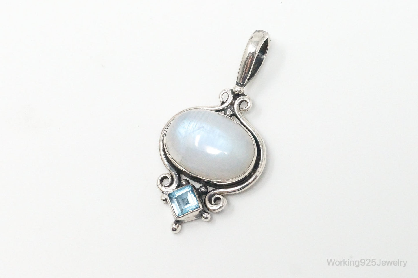 Vintage Blue Topaz Large Moonstone Sterling Necklace Pendant