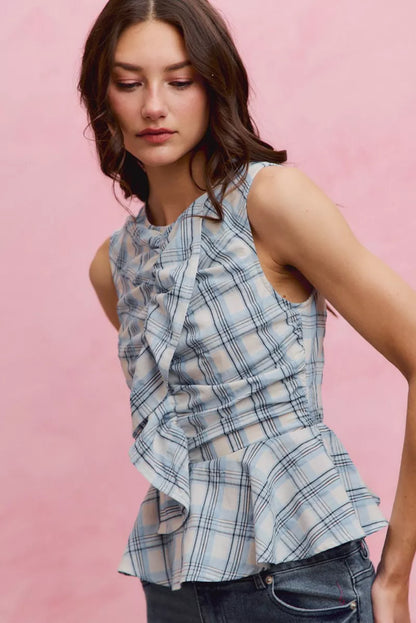 SO ME Plaid Sleeveless Ruffle Peplum Top