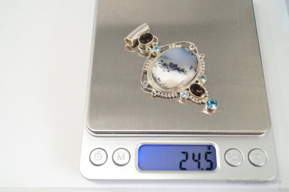 Large SAJEN Dendritic Agate Smoky Topaz Blue Topaz Sterling Silver Pendant