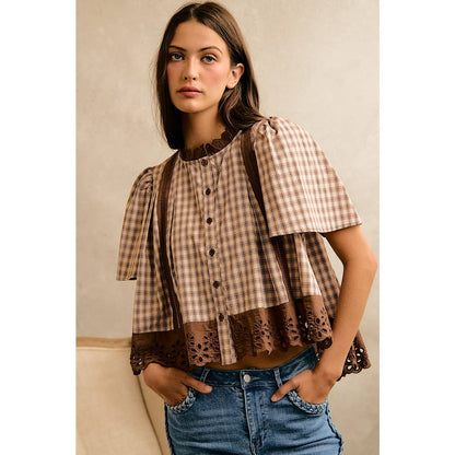 CHECK LACE TRIM FLUTTER SLEEVES BLOUSE TOP
