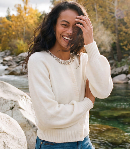 Embellished Crewneck Cardigan Sweater