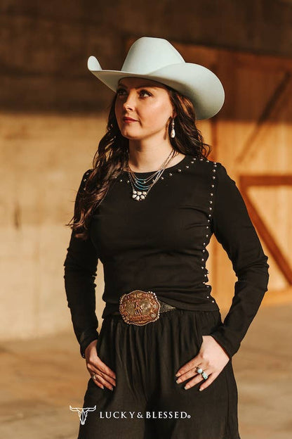 Black Long Sleeve Concho Studded Seam Top XL-3XL