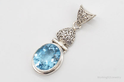 Large Vintage Blue Topaz Sterling Silver Necklace Pendant