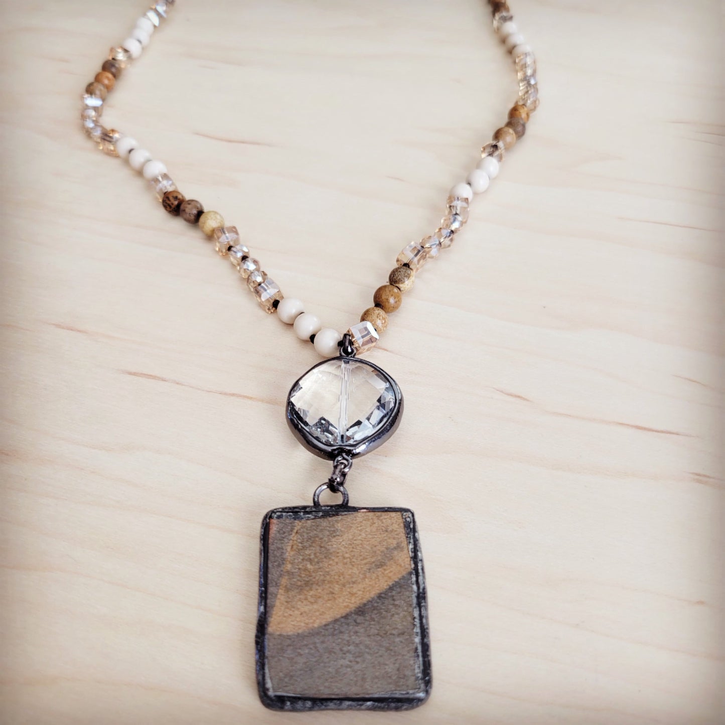 Picture Jasper & Crystal Long Beaded Necklace w/ Jasper Pendant 262t