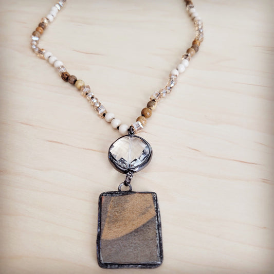 Picture Jasper & Crystal Long Beaded Necklace w/ Jasper Pendant 262t