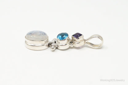 Large Vintage Blue Topaz Amethyst Moonstone Sterling Silver Pendant