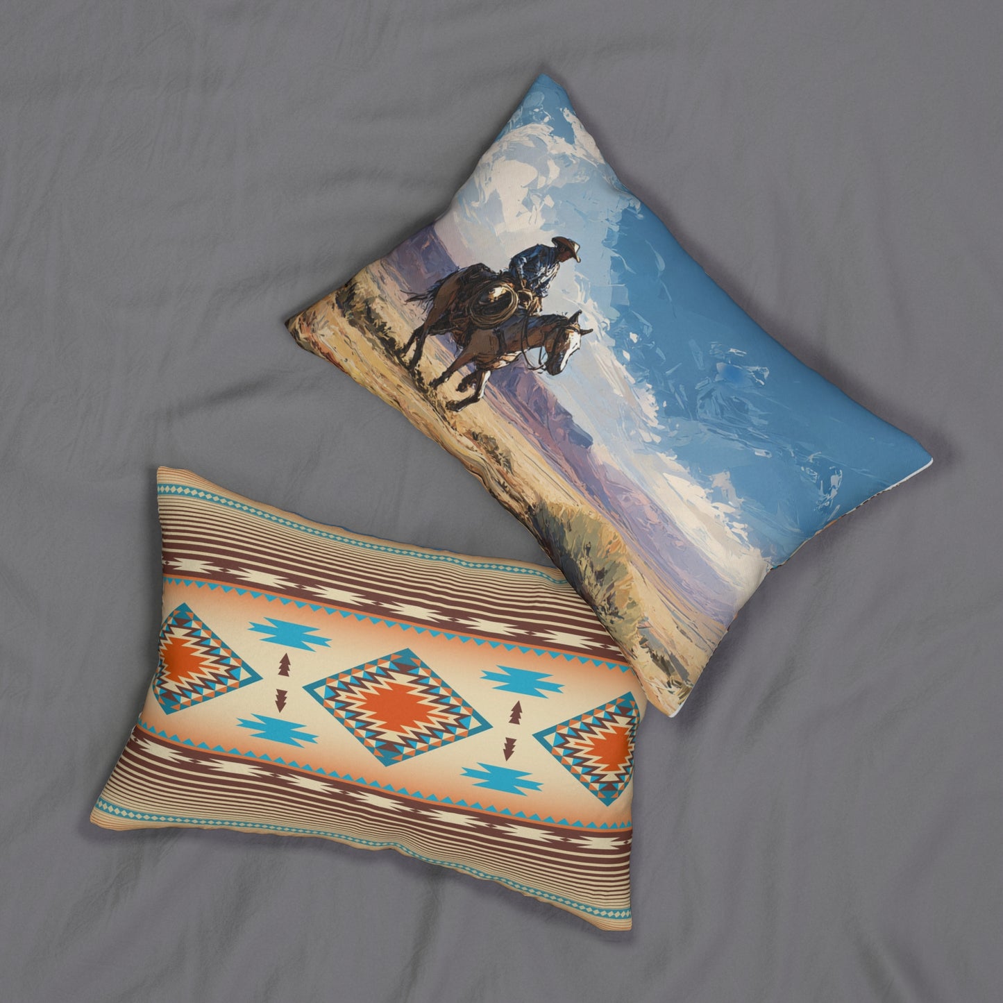 Western Cowboy Lumbar Pillow — Scenic Rider & Southwestern Aztec Throw Pillow