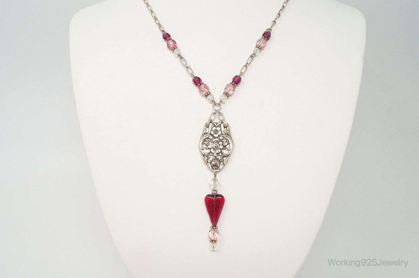 Vintage Floral Spoon Repousse Glass Heart Crystal Sterling Silver Necklace