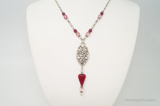 Vintage Floral Spoon Repousse Glass Heart Crystal Sterling Silver Necklace