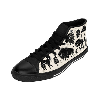 Desert Night Bohemian High-Top Sneakers, Vintage Style Footwear, Black and White Patterned Shoes, Ideal for Festivals, Casual Outings