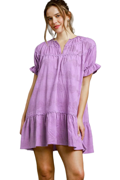 Garden Naked Womens Casual Mini Dress Sweet Ruffle Trim Puff Sleeve Babydoll Flared Lavender Purple Summer Daily Wear