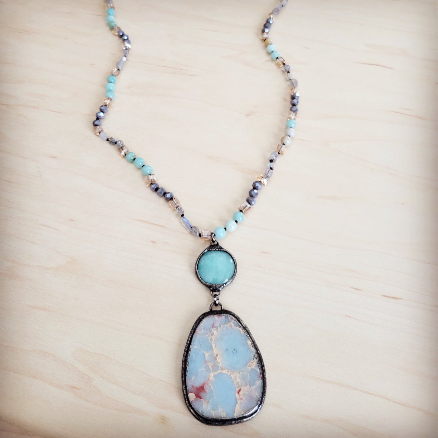Amazonite & Crystal Long Beaded Necklace w/ Large Jasper Pendant 262q