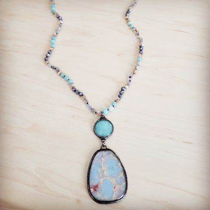Amazonite & Crystal Long Beaded Necklace w/ Large Jasper Pendant 262q