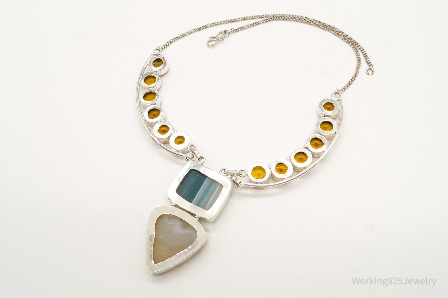 Large Lace Agate Citrine Sterling Silver Necklace