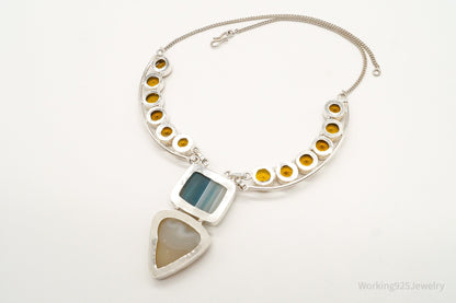 Large Lace Agate Citrine Sterling Silver Necklace