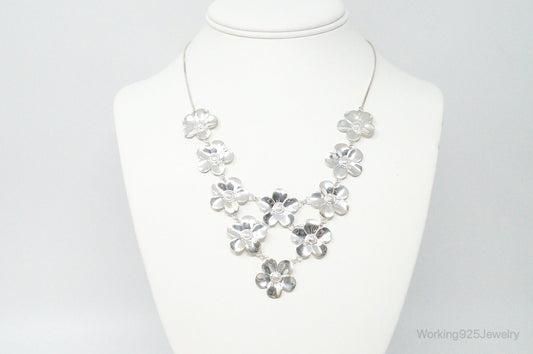 Vintage Italian Designer Paola Valentini Flowers Bib Sterling Silver Necklace