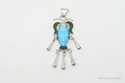 Vintage Taxco Mexican Carved Turquoise Sterling Silver Necklace Pendant