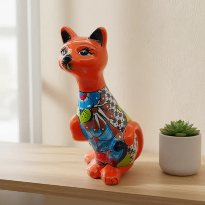 Talavera Cat Statue | Hand-Painted Mexican Ceramic Figurine