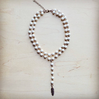 Double Strand Lariat White Turquoise Necklace w/ Copper Feather