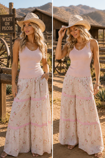 BiBi Rose Printed Gauze Trim Detail Smocked Maxi Pants