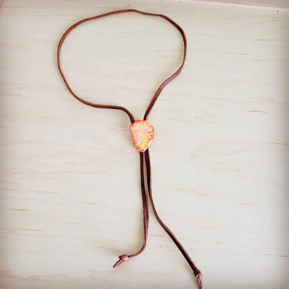 Leather Lariat Boho Necklace w/ Orange Regalite Slab Accent 264g