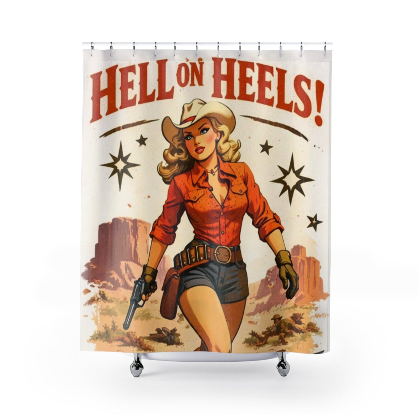 Shower Curtain — "Hell on Heels" Retro Cowgirl Western Bathroom Curtain