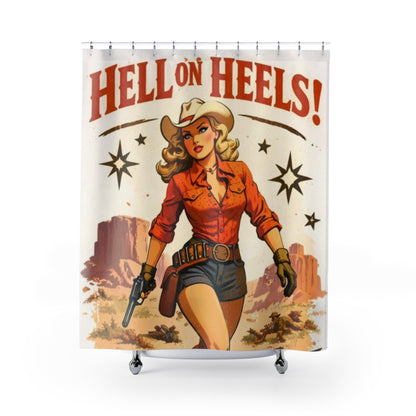 Shower Curtain — "Hell on Heels" Retro Cowgirl Western Bathroom Curtain