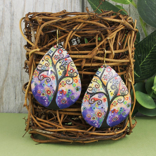 Whimsical Tree of Life Teardrop Earrings